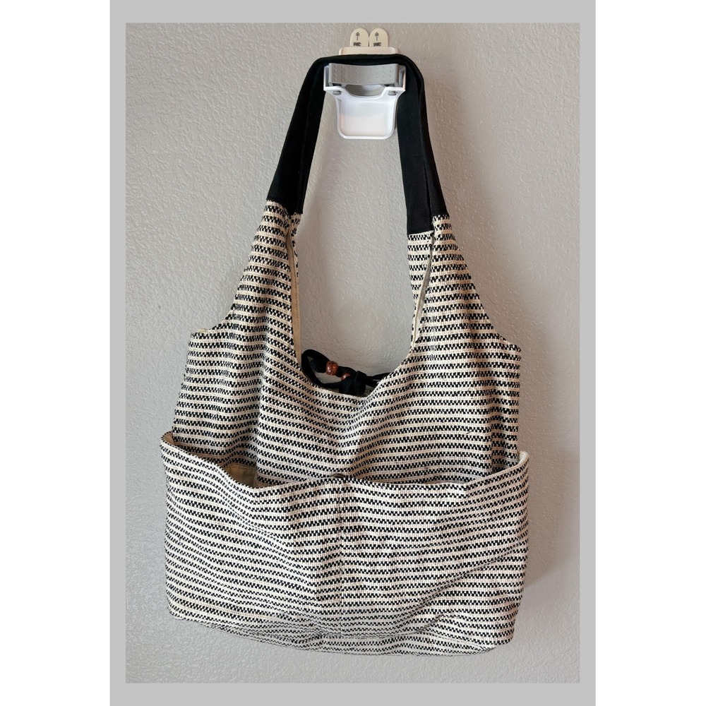 Woven Boho Hobo Shoulder Bag Black White Striped Large Tote India Made